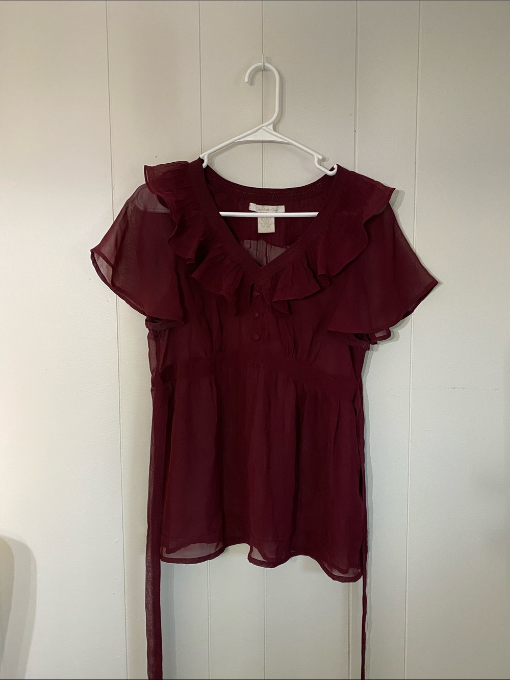 Charlotte Russe Burgundy Ruffle V-Neck Tie-Waist Blouse